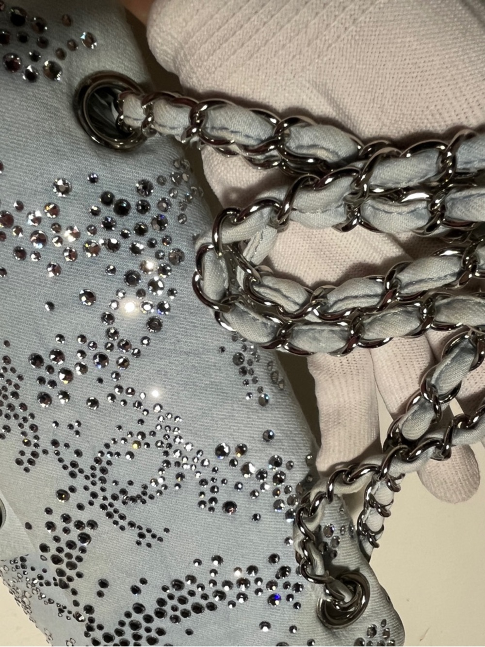 CHANEL Light Blue Quilted Crystal-Studded Shoulder Bag - Picture 7 of 16